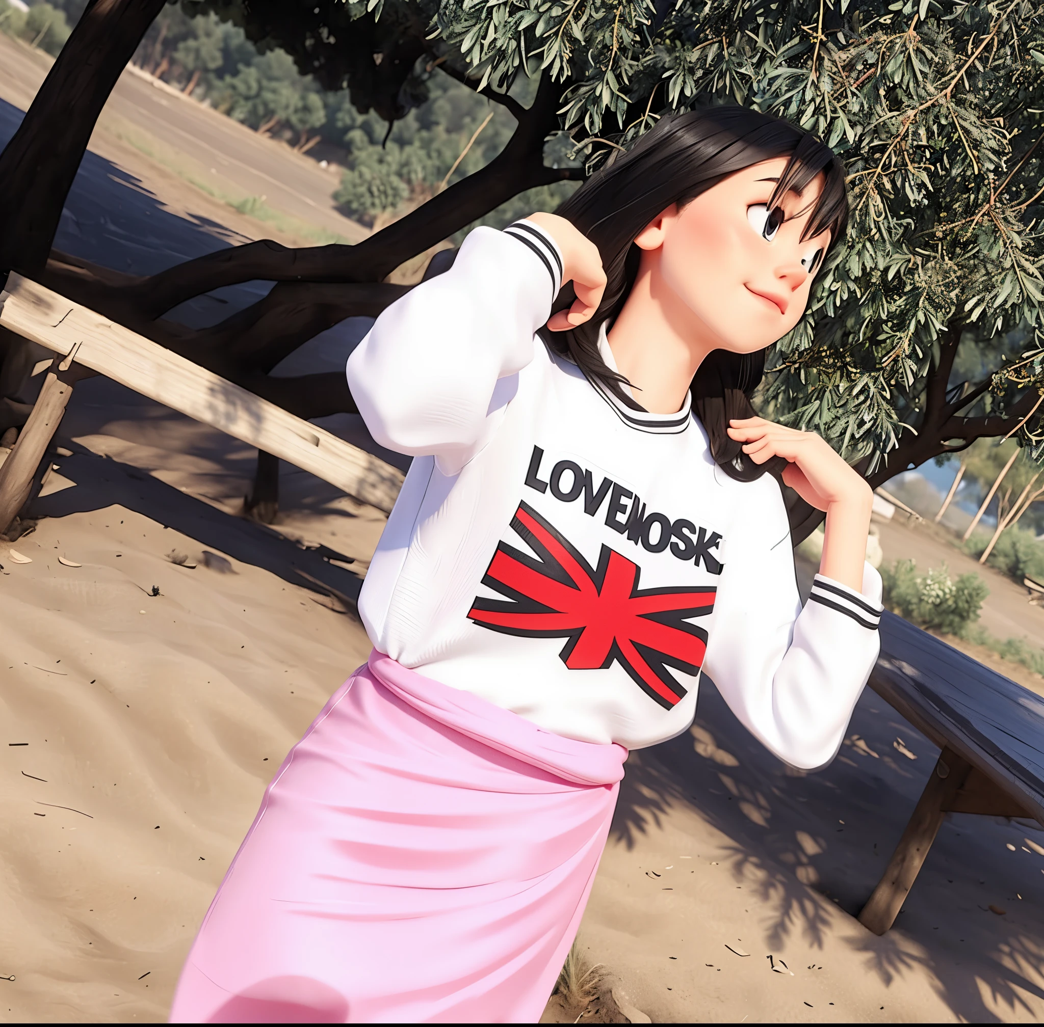 change cute facte with black and white shirt in morning, with good nature sun shine blue sky