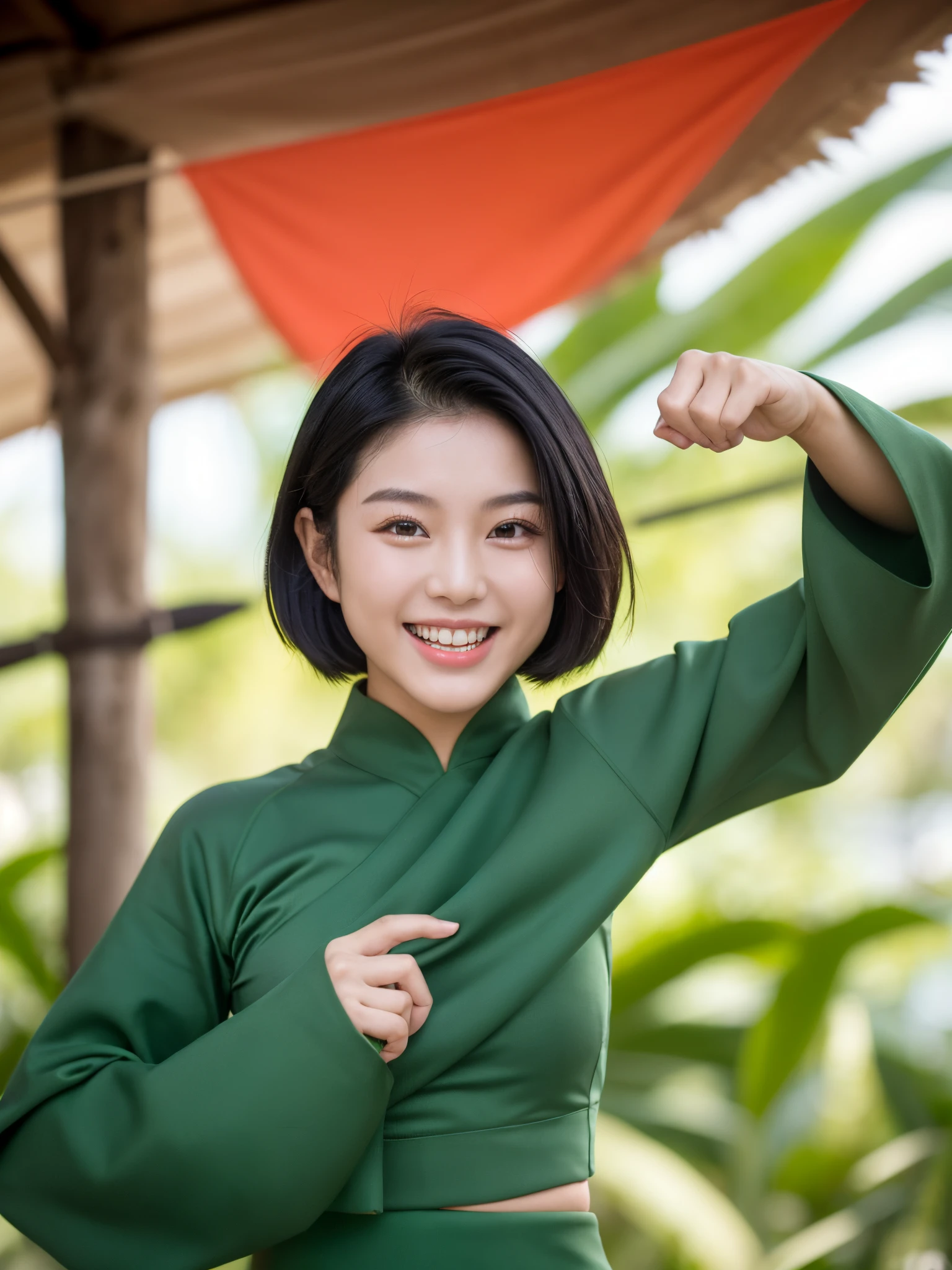fitness 20 year-old Vietnamese girl, wear a green fit cloth, smile emotion, studio picture, short black hair, big bobbies