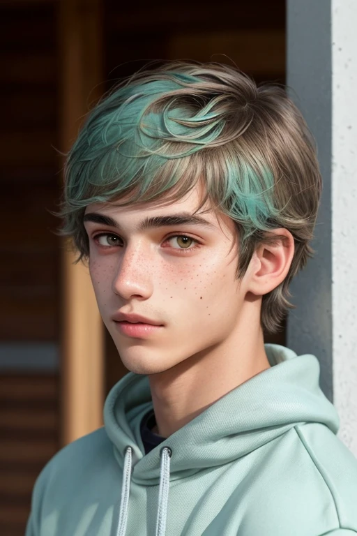 An 18-year-old boy, slightly wavy short hair (chin length) dyed light aqua green, almond-shaped eyes with light hazel-coloured irises, slim but not too thin, light skin tone, freckles scattered on his cheeks, thin and small nose, slightly flushed cheeks, wide sweatshirt, pink and full lips. {{Detailed, realistic, according to description}}