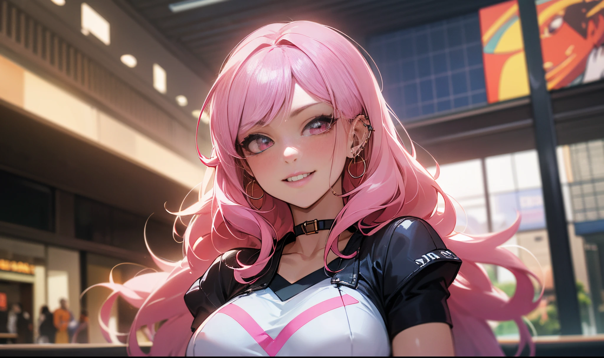 (anime style),masterpiece, best quality, ultra-detailed, glistening shiny, glowing light, ray tracing, HDR, deph of field, (perfect face, detailed face, detailed eyeig boobs:1.2),8k,HD,ultra realistic face,ray tracing,perfect lighting,best quality, ultra-detailed, shiny eyes, (looking at viewer, smile:1.1), ((1girl)), (gyaru, mature female:1.4),hourglasody shape, marin,long hair,((pink hair)),pink eyes, gradient eyes, (glowing eyes:1.1), (fashion make up), parted lips, jewelry, earrings, choker, grin, bracelet, plaid, piercing, ear piercing, bright pupils, bead bracelet, ((mall, terrace, shops, glass roof)),white background,((super detailed background)), poses((8k wall )), ((8k wallpaper)) , abs, muscles --auto --s2