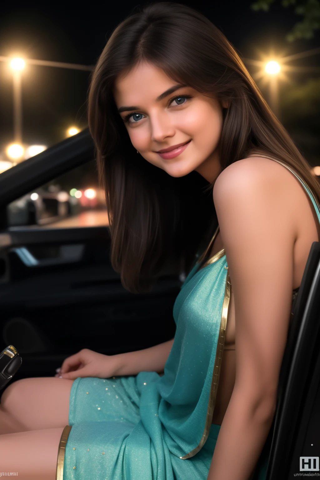 (best quality, masterpiece),1girl, solo, looking at viewer, smile, brown hair, outdoors, blue eyes, lips, night, ground vehicle, portrait, motor vehicle, realistic, car, road, lamppost wearing hot Indian clothes
, 8k uhd, dslr, soft lighting, high quality, film grain, Fujifilm XT3