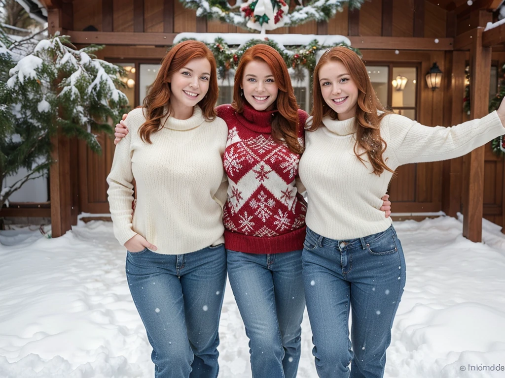 beautiful redhead women smiling at each other, women have different faces, very fat , over weight, thick body, tight mom jeans, snow on the ground outside , Christmas sweater, Christmas tree, snowman, heavy snow, snowmobile