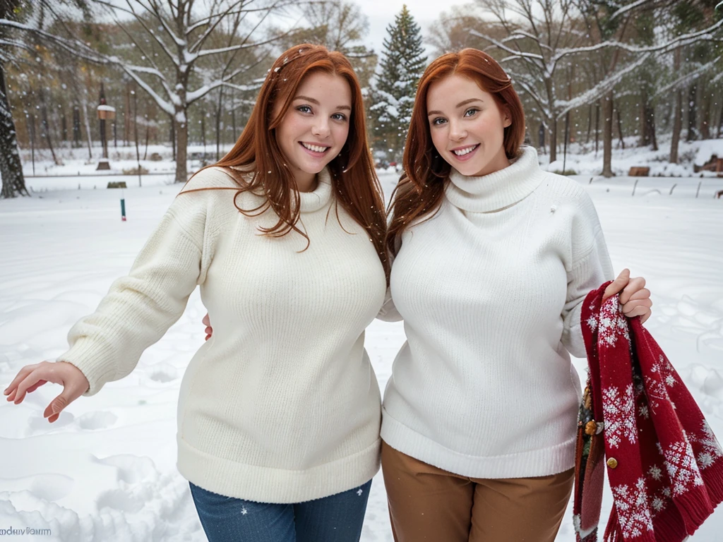 beautiful redhead women smiling at each other, women have different faces, very fat , over weight, thick body, tight mom jeans, snow on the ground outside , Christmas sweater, Christmas tree, snowman, heavy snow, snowmobile