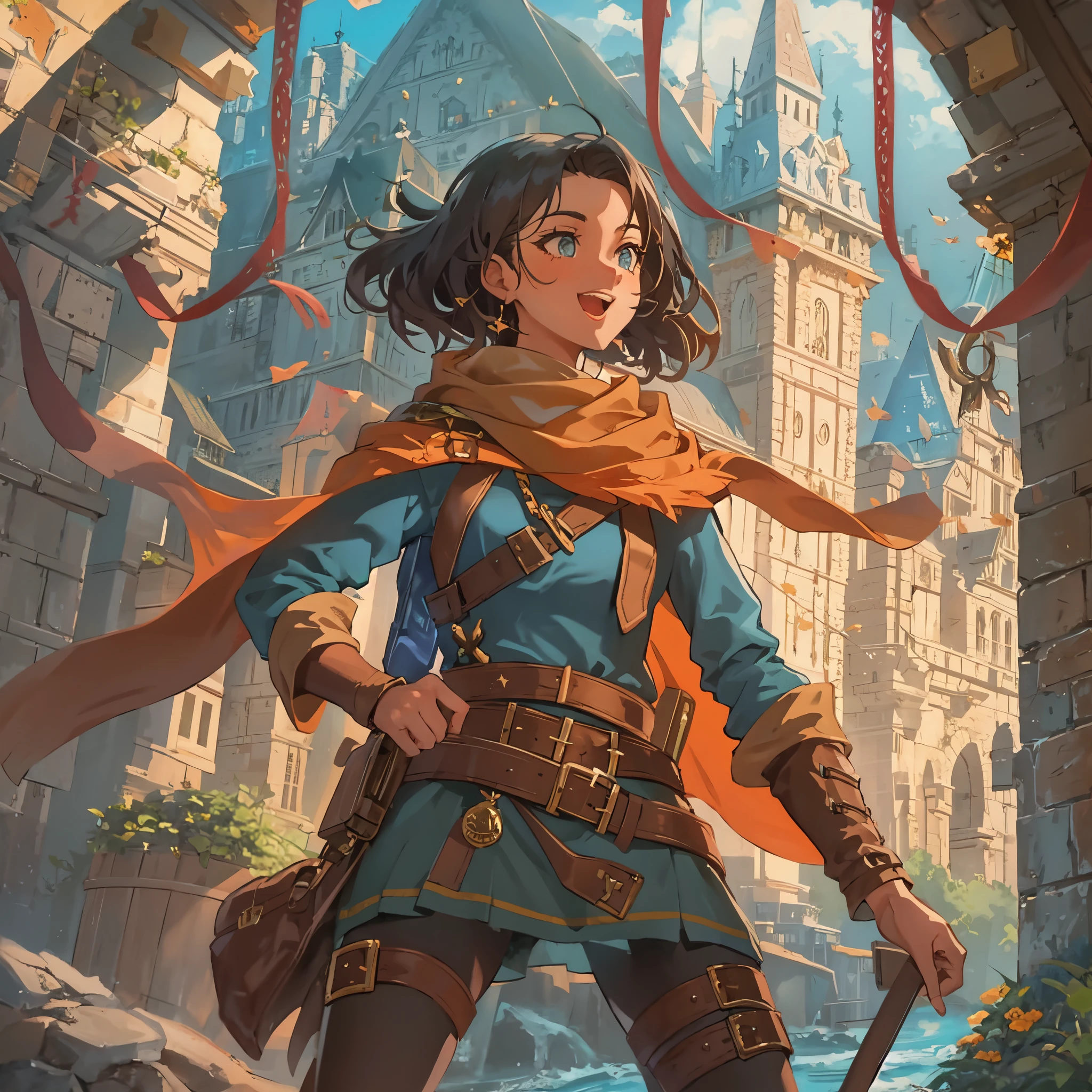 Solo heroic female adventurer in a medieval high fantasy ISEKAI setting, vibrant colors, upbeat tone, energetic, happy to see you, 90's, vintage feel