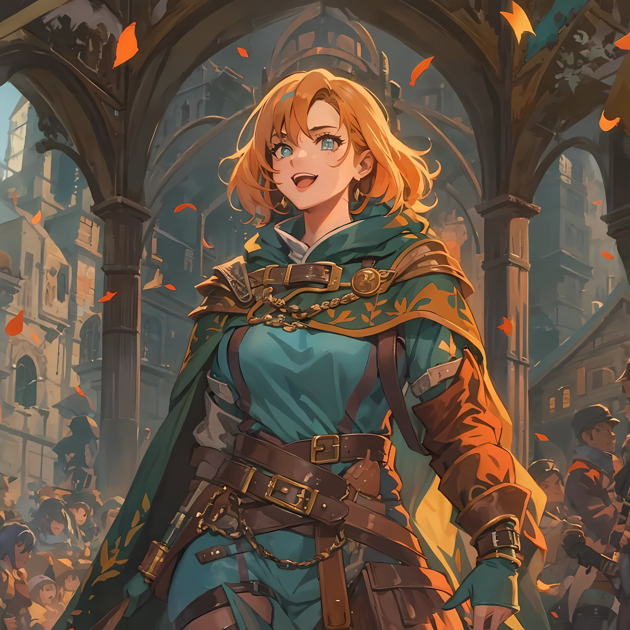 Solo heroic female adventurer in a medieval high fantasy ISEKAI setting, vibrant colors, upbeat tone, energetic, happy to see you, 90's, vintage feel