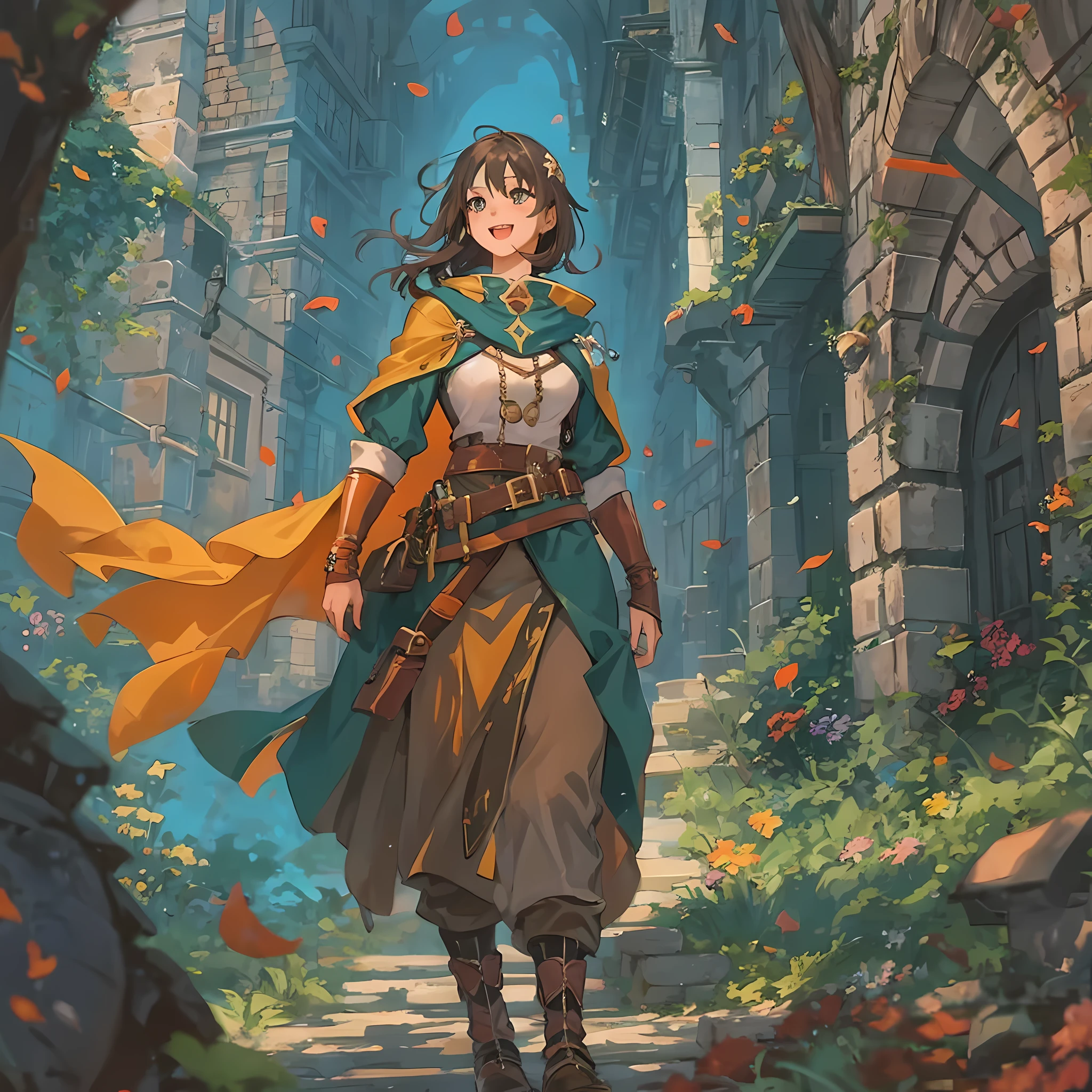 Solo heroic female adventurer in a medieval high fantasy ISEKAI setting, vibrant colors, upbeat tone, energetic, happy to see you, 90's, vintage feel
