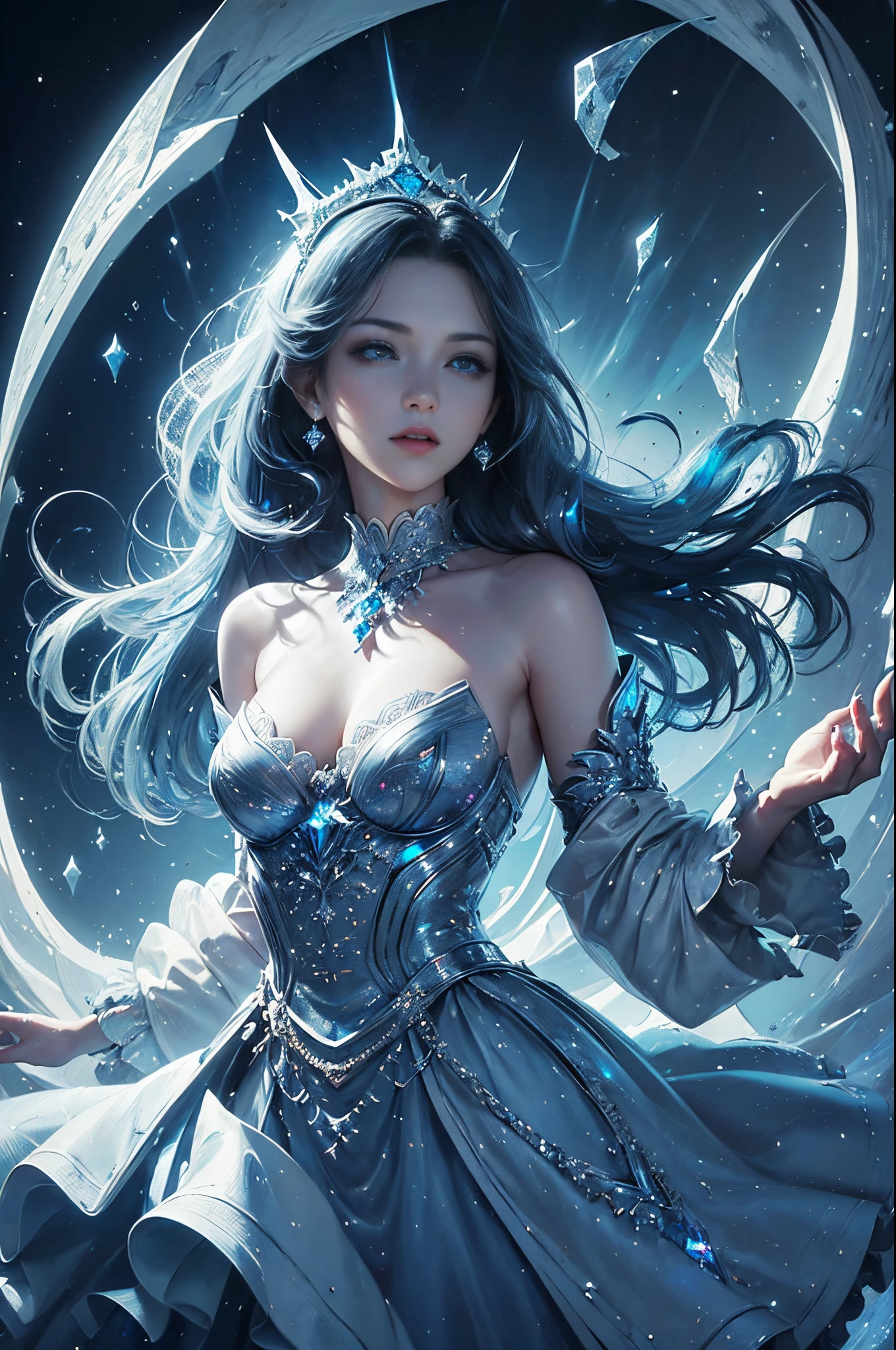 Silver and blue tones、((​masterpiece)))、(((top-quality)))、((ultra-detailliert))、(A hyper-realistic)、(highly detailed CGillustration）、light Particle、Halo、Official art、Fractal Art、Geometry learned、Abstract background、Moscow at the beginning of the 20th century、blizzard、Full body luminescence、Queen of snow、Cool Beauty、 Woman in her 30s、Slender eyes、sharp gaze、sapphire eyes、Super beautiful and sparkling eyes、sophisticated menegance、Gorgeous beauty、Fans、gorgeous dress、diamond encrusted solo、Perfect Angle、perfect-composition