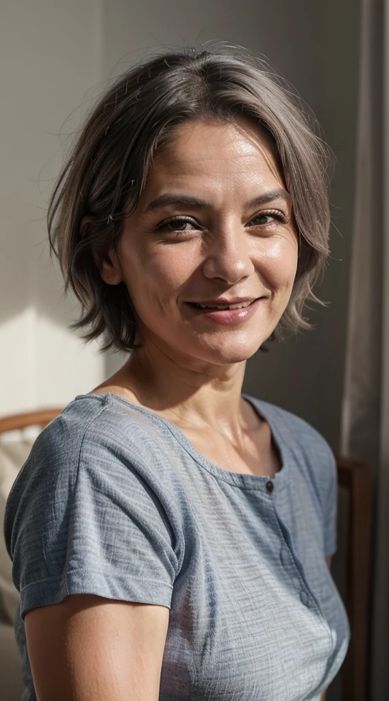 smiling woman with short gray hair and a blue shirt, this person does not exist, louise dalh - wolfe-virginie ropararthe jonkers merged, 6 0 - year - old woman, the look of an elderly person, taken in the early 2020s, entire body visible