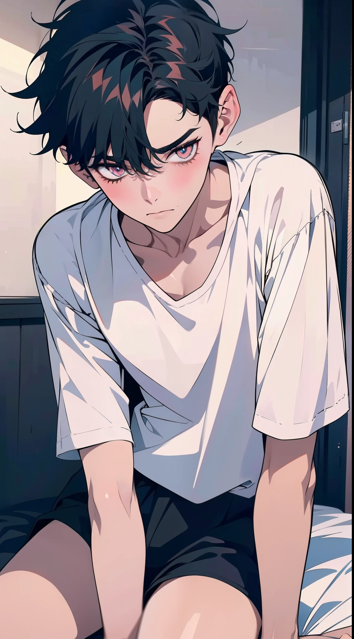 Masterpiece, best quality, high quality, ultra detailed, ((only one person)), A beautiful boy is sitting on a bed in a closed room, gay, masterpiece，highest  quality，High contrast, loose fitting white T-shirt, closeup cleavage, Interactive expressions, short detailed hair, slender body, erotic, shorts, White sox, foot fetish, (high quality flat color:1.3), black hair, perplexed, Explore the body, (((flat color))), pink skin