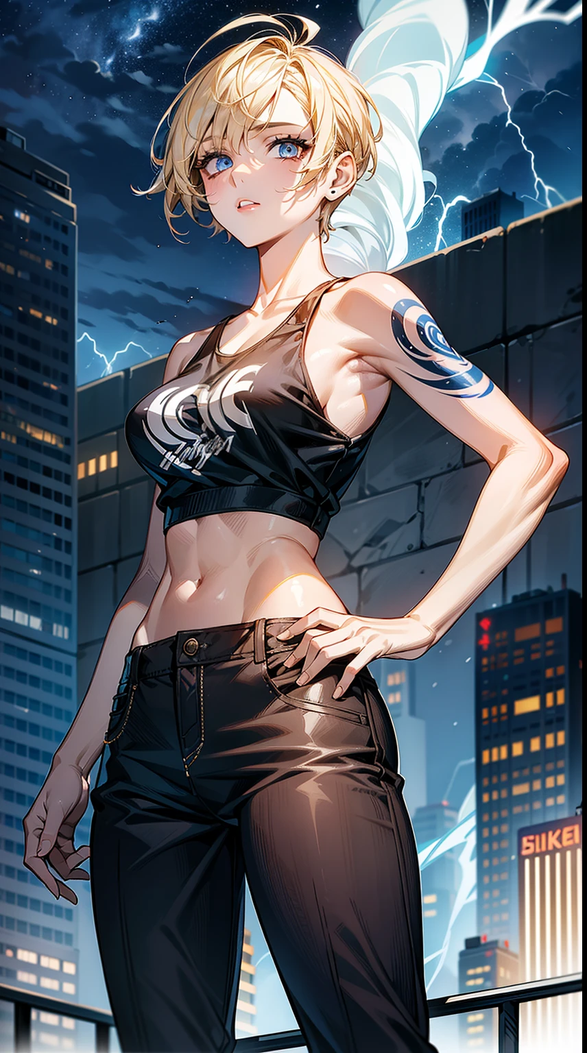 Masterpiece, best quality, high quality, ultra detailed, young girl short hair, blond hair, mohawk haircut, blue eyes, tattoed arm with thunders, black thunder tattoos, tank top white shirt, black letter pants, on a city, in one storm, night, thunders in the sky