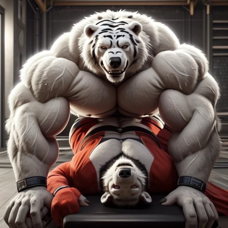 Bodybuilder white tiger and polar bear posing in side chest position and flexing in gym with grin face and big erect and sweat body.