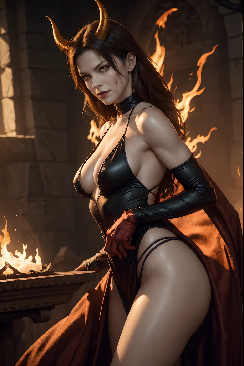 (Beautiful mature female (perfect face) demon), (Milla Jovovich:0.3), horns, tail, wicked smile, pale skin, (skin texture:1.1), (high detail plunging revealing demonic dress), wreathed in fire, (fiery eyes:1.2), fit athletic body, temptation, taking your soul, castle throne room in hell background, tortured souls, hordes of hell in the distance, (masterpiece), (photorealistic:1.4), RAW photo, best quality, high res, rich colors, backlight, bright sunlight, cinematic lighting, film grain, raw photo, 50mm lens, Nikon D850, warm colors, sweaty