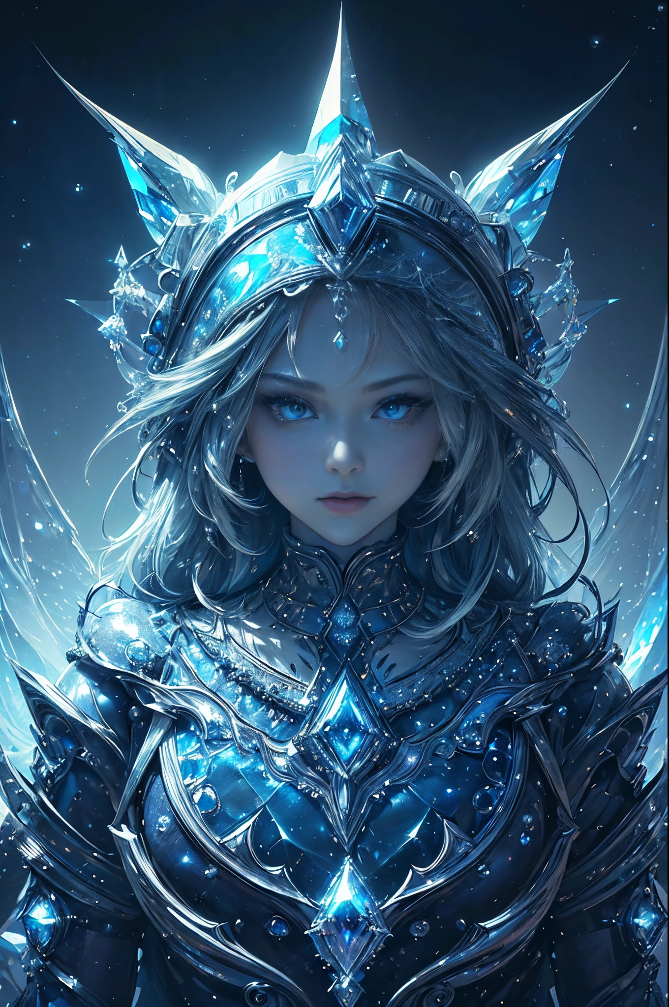 (Masterpiece, Top quality, (Cool Color Palette:1.2),glowing with, The flame glows, Metal glows,Best quality, offical art, Beauty and Aesthetic: 1.2), (1girls), Extremely detailed eyes, (s fractal art: 1.3), Colorful, Most detailed, (Perfect face), Shiny skin, hdr, (White Cloak Gold thread: 1.2), Star, (light pattern), striking visual effects, (dynamic stripe, luminous track: 1.2), Bright colors, (Phoenix breastplate), (dragon helmet),