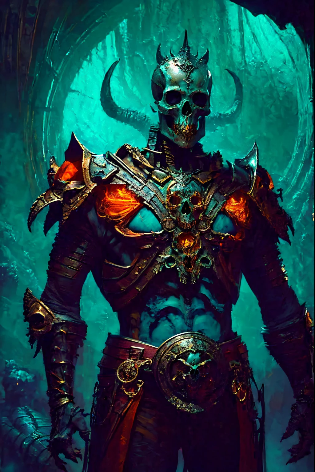 's, gothic art, lightand shade contrast, Standing painting, estimate, holland angle, emphasis lines, tmasterpiece, acurate, Anatomically correct, A high resolution, Best quality at best, super detailing, Award-Awarded，D14bl0 style skeleton king，Humanoid monsters，The body  wrapped in armoce like skull，Bones can be seen where there  no armor on the abdomen，Kingly style，Epic war fantasy digital art，(greg rutkovsky:0.8), (cyan and orange:0.4），