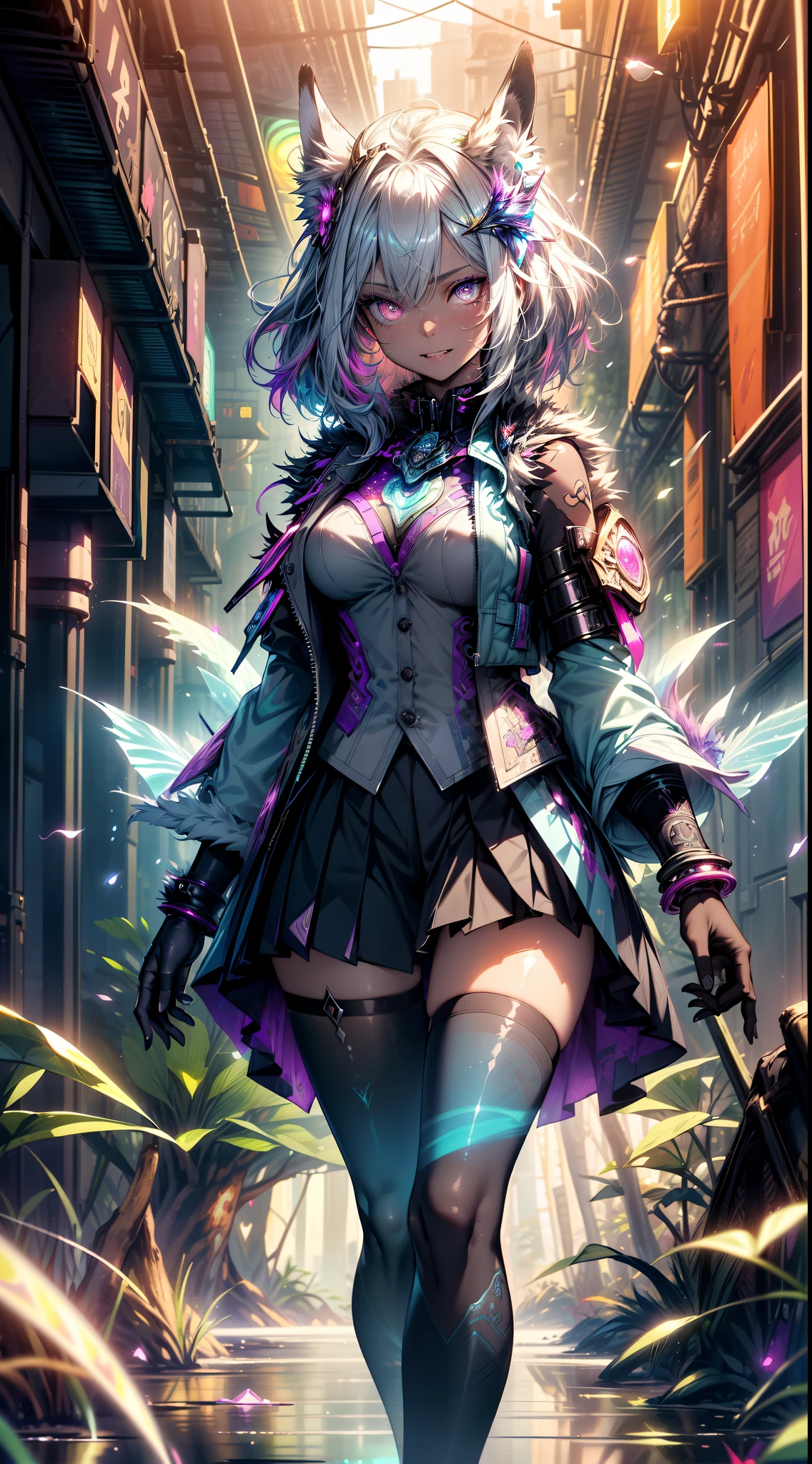 Spiritual blue fire fox girl, (fox ear, fox tails), (O spirit, O spirit:1.4), (blue flame:1.5), 1个Giant Breast Girl, Perfect and well designed glowing sparkling eyes, (美丽细致的眼睛:1.05), Natural breasts, slim, Beautiful, delicate and lovely face, (Face details), ((Realistic face)), pores, ((Light gray skin)), Delicate skin, Realistic skin, (((Bio-luminescence))), ((Glossy glossy skin)), ((glowing spots on skin)), (bucktooth:1.5), (Colorful gradient skin), (monstergirl), (fur body:1.4), Face, medium lenght hair, Thick hair, (((((Multicolor gradient hair))))), 超高分辨率, 8K, Parameters Best quality, (tmasterpiece:1.4), (Magic accessories:1.4), bangle, Extremely detailed, thick and firm ({nylon|Laika}:1.5) Soft and bright ((deep bluelue:0.4), Plata:1.ink, The purple:0.75)) a gorgeous ((stand-up collared shirt:1.25), (vests:1.5), (a skirt, pleatedskirt:1.35)), (tight fit clothes:1.4), (Nipples stand under the cloth:1.2), (Camel toes:1.2), (Ornaments on clothes:1.5), (décolleté:1.45), (Chopping:1.1), decollete, navel, Young girls, Little beasts, (ssmile:0.7), (pale-skinned:1.4), ((tattoo all over body, Tribal tattoos on legs)), ultra - detailed, realisticlying, ((Authentic imageest quality at best:1.4), 超高分辨率, (Reality 2.0), higher details, (((1个Giant Breast Girl))), A futuristic, {fanciful|cyber punk perssonage}, technologieeautiful and beautiful:1.2), (s fractal art:1.4), (电影灯光:1.1), holland angle, 16k, HighDynamicRange, real time transmission, Ray traching, ラジオシティ, Anisotropy Filtering, sub surface scatterinagic lamp))), metal reflective, Detailed pubic hair, actual, 4k highly detailed digital art, (Cool_colourtremely detaild的 CG unified 8k wallpapers, vivd colour, (((tempting pose)))