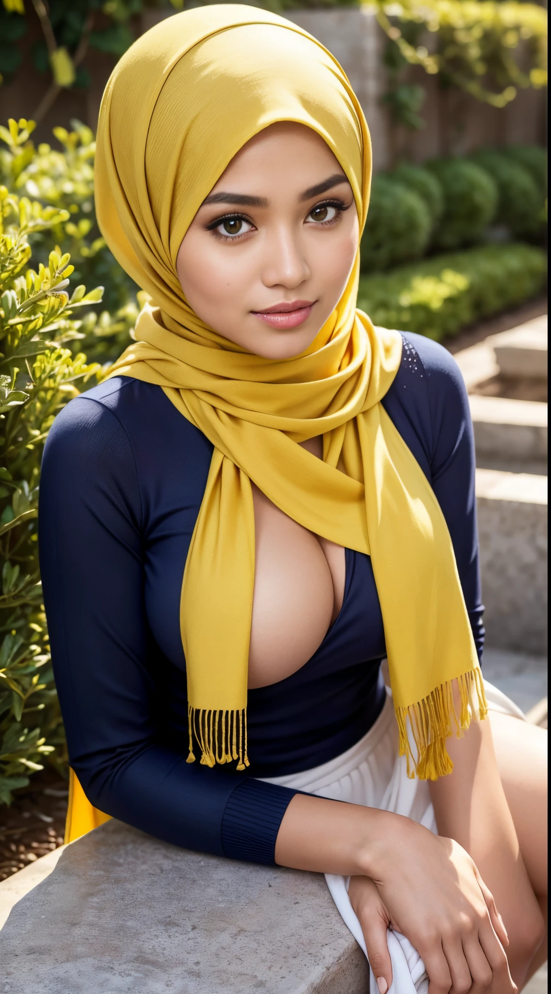 RAW, Best quality, high resolution, masterpiece: 1.3), beautiful Malay woman in hijab,Masterpiece, perfect slim fit body, (Huge breasts), big gorgeous eyes, Soft smile,woman in a yellow scarf sitting in a cyty garden, lovely woman, hijab, malay, Beutifull girl, with lovely look, casual pose, beautiful lady, shawl, beautiful woman, with accurate, scarf,Delicate turtleneck, necklace, shairband, afternoon walk, City garden, Excellent lighting, Bright colors, Clean lines