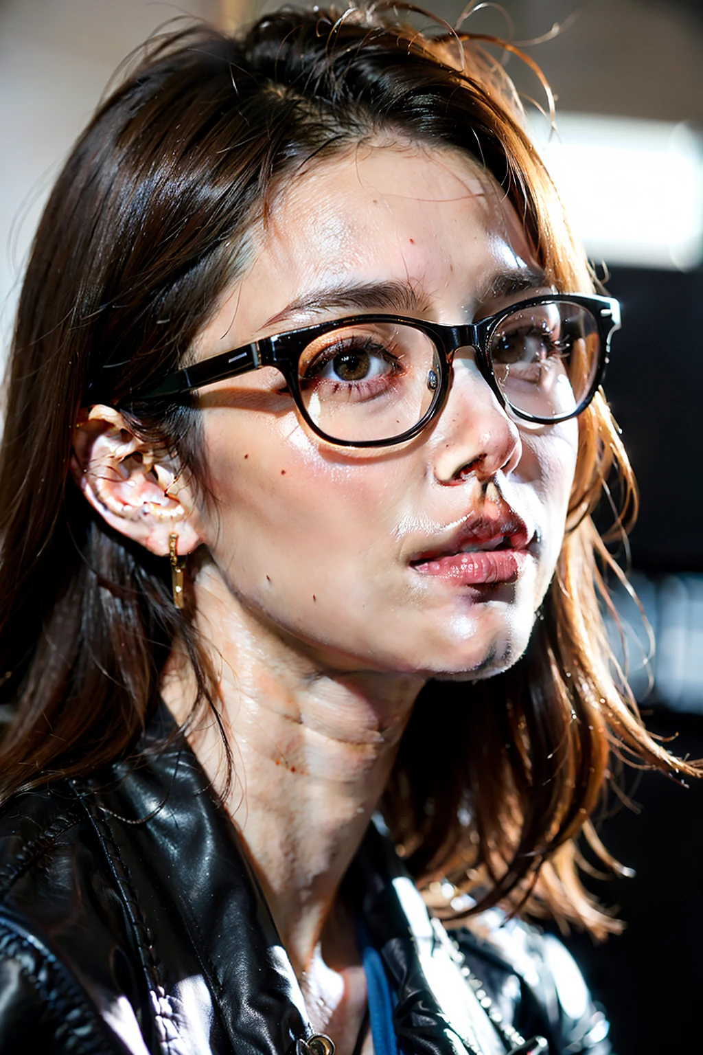 (Cyberpunk military scientist:1) (1 lady) Dark theme :: Focus on close-ups of faces, curious face, Katie Sackhov's face, Surreal future cyberpunk tall athletic woman, :: Medium brown hair, Futuristic glasses :: Inside the cyberpunk office :: Brown eyes :: natural  lightting :: bokeh :: 8K :: Best quality at best :: tmasterpiece :: extremely detaile:1.5