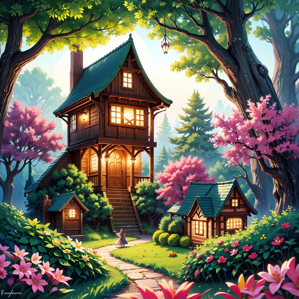 fairy village, flying fairies, enchanted woodland, magical atmosphere, vibrant colors, detailed fairy wings, whimsical houses, sparkling lights, lush greenery, glowing flowers, mystical pathways, ethereal beauty, dreamy ambiance, fantastical creatures, enchanting music, magical effects, fantasy realm