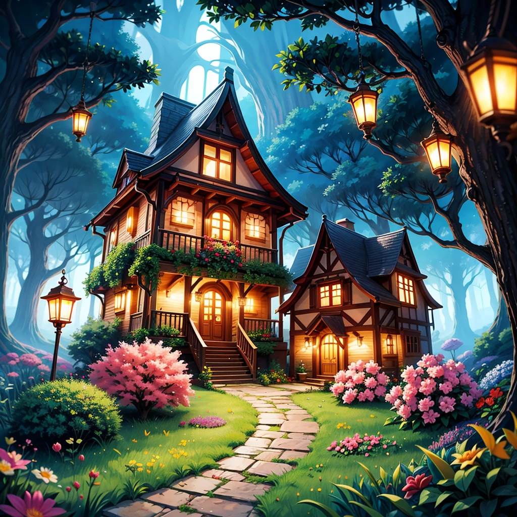 fairy village, flying fairies, enchanted woodland, magical atmosphere, vibrant colors, detailed fairy wings, whimsical houses, sparkling lights, lush greenery, glowing flowers, mystical pathways, ethereal beauty, dreamy ambiance, fantastical creatures, enchanting music, magical effects, fantasy realm