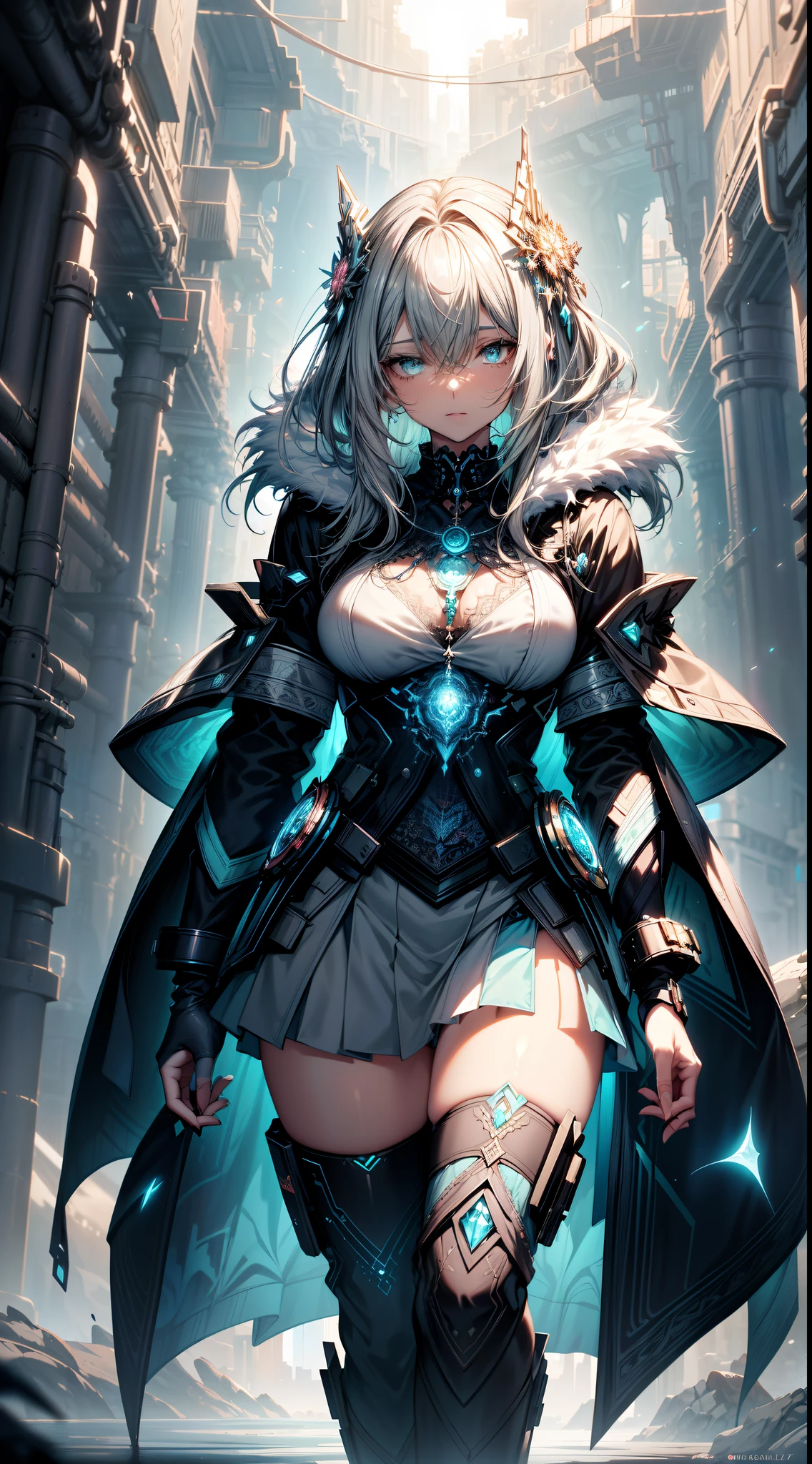 Cyan futuristic fairy priestess girl wearing one piece armor suit (((a skirt))) (((robe))) Necklace with sacred relic pendant, (Layered robeagia, ((lacy)), afofuturism, cyber punk perssonage, silkouette, furred, (stocklings), Natural breasts, slim, Absolute opportunity, ((((Medium long hair dull)))), Hair dull, (Beautiful, delicate and bright eyes), sportrait, (Beautiful and beautiful:1.2, s fractal art:1.4), The most realistic, hyper realisitc, raw, Best quality at best, Best quality at best, Detailed pubic hair, actual, 4k highly detailed digital art, octaneratingrendering, Bio-luminescence, (Cool_colourest pixels, 8K Ultra, extremely detaild的 CG unified 8k wallpapers, 电影灯光