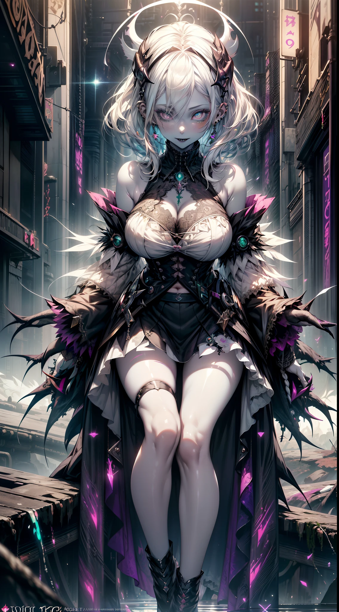 (A Necromancer:1.2) girl, 1个Giant Breast Girl, Perfect and well-designed shiny eyeeautiful and detailed emerald swamp eyes:1.05), Natural breasts, slim, Beautiful and delicate face, (Face details), ((Realistic face)), pores, ((pale-skinned)), Delicate skin, Realistic skin, medium lenght hair, Thick hair, 超高分辨率, 8K, Parameters Best quality, (tmasterpiece:1.4), (Magic accessories:1.4), bangle, choker necklace, Dark, extremely fine, thick and tight ((lace silk clothing:1.3), (Lace wrap dress:1.2), (Laika kimono:0.8),(wild goth dress:1.5)), Shabby hooded ruffled coat, Embroidery and lace, Jewelry, hair adornments, (décolleté:1.3), (Chopping), decollete, navel, Young girls, Little beasts, (Crazy:0.7) ssmile, (pale-skinned:2.0), (19 piercings:1.6), ((tattoo all over body, Tribal tattoos on legs)), Surrounded by darkness, (darkly:1.2), dark fantacy, ultra - detailed, realisticlying, ((Authentic imageest quality at best:1.4), 超高分辨率, (Reality 2.0), higher detailull-body portraits), (((1个Giant Breast Girl))), (sorcerous:1.5), Magical energy flows and sparks, (afofuturism:1.4), (cyber punk perssonage:1.2), (magic technology:1.3), (Beautiful and beautiful:1.2), (s fractal art:1.4), (电影灯光:1.1), holland angle, 16k, HighDynamicRange, real time transmission, Ray traching, ラジオシティ, Anisotropy Filtering, sub surface scatterinagic lamp))), metal reflective, Detailed pubic hair, actual, 4k highly detailed digital art, (Cool_colourtremely detaild的 CG unified 8k wallpapers, vivd colour