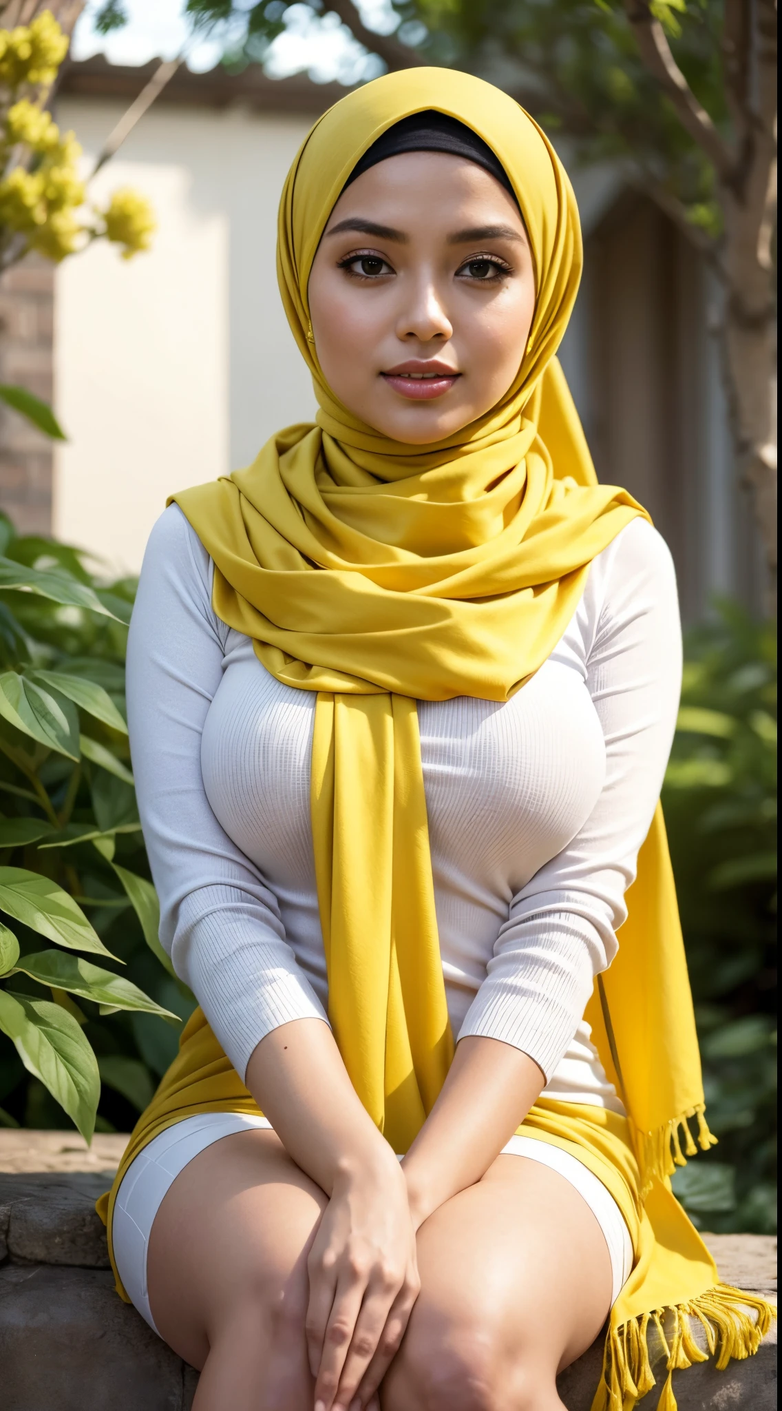 gravure, from the chest up, masutepiece, Best Quality, Ultra-detailed, Photorealistic, super detailed skin, Perfect Anatomy, (1 Malaysian), (Solo), 84 years old, Large breasts, Malaysian Hijab actress, nudes yellow, glamor, A sexy, Chromo-white skin, Looking at Viewer