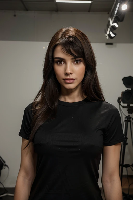 1 rapaz de pele branca, cabelos pretos curtos penteados do lado esquerdo para o direito, sobrancelhas pretas grossas, indoors in a studio for YouTube videos, energetic, in a black shirt with a serene expression on his face , studio lights