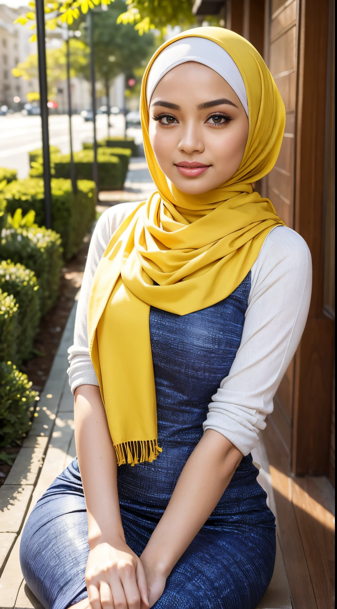 RAW, Best quality, high resolution, masterpiece: 1.3), beautiful Malay woman in hijab,Masterpiece, perfect slim fit body, (Huge breasts), big gorgeous eyes, Soft smile,woman in a yellow scarf sitting in a city garden, lovely woman, hijab, malay, Beutifull girl, with lovely look, casual pose, beautiful lady, shawl, beautiful woman, with accurate, scarf,Delicate turtleneck, necklace, shairband, afternoon walk, City garden, Excellent lighting, Bright colors, Clean lines