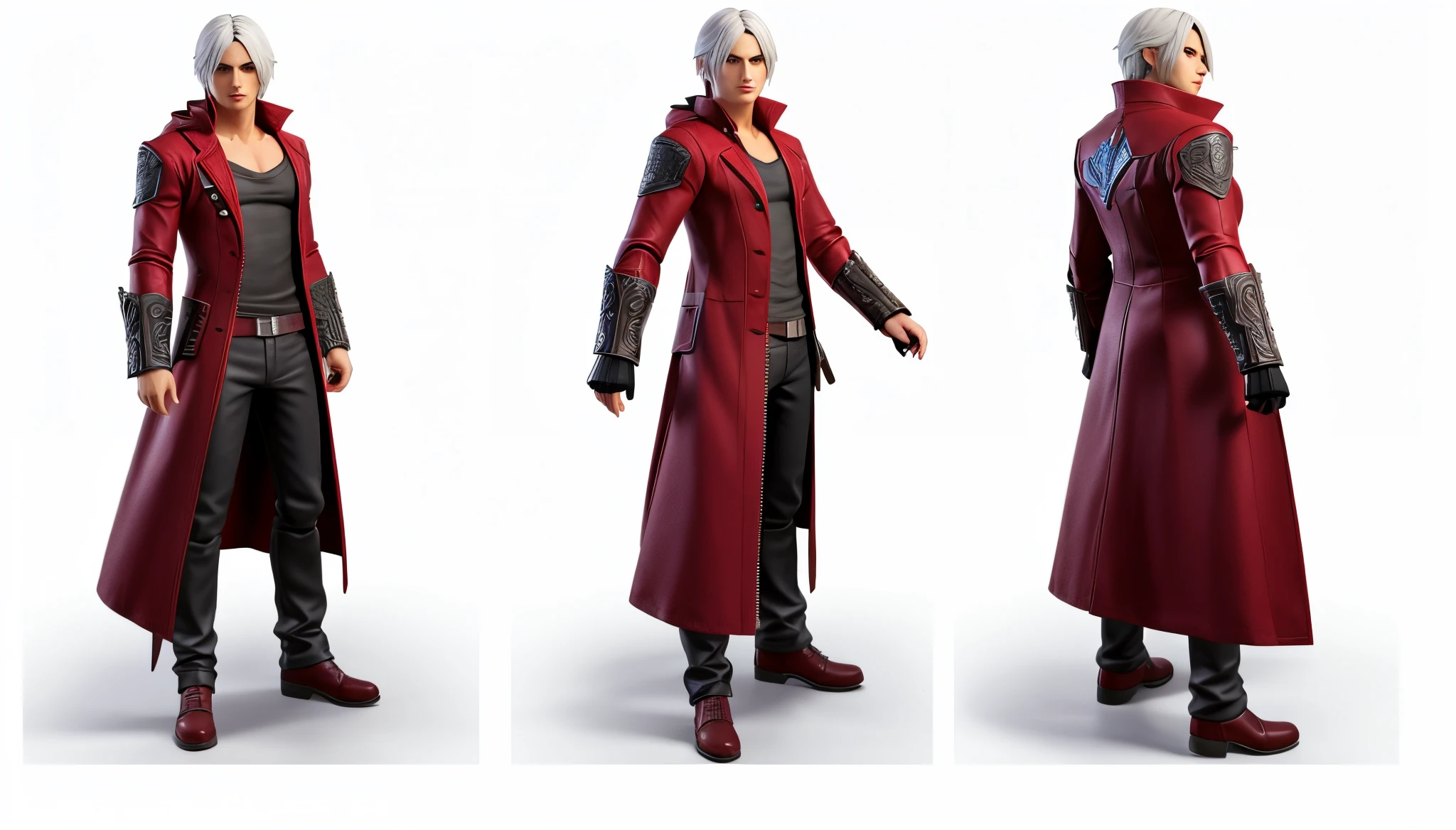 (best quality), (photo-realistic:1) character design sheet, character turnaround, character in different poses, different angles, a close up of a person in a red jacket and black pants, full body black and red longcoat, distant full body view, full body close-up shot, full body with costume, action figure, dante from devil may cry 2 0 0 1, full body shot hyperdetailed, dante from devil may cry, zoomed out full body