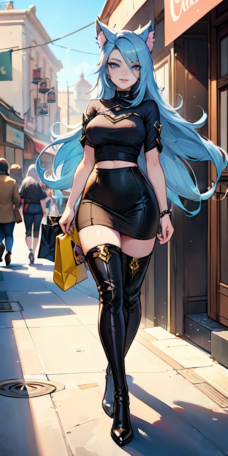 Masterpiece, 8k, art style by sciamano240, very detailed face, detailed clothes, detailed fabric, 1girl, ( Death sworn Katarina (league of legends 1.1)) beautiful face, asymmetrical long hair, light blue hair, out shopping, wearing Prada top, Dior thigh boots, plaid pencil skirt, black stockings, very detailed blue cat eyes, cute smirk, Walking outside , sunny day, full body side view , seductive eyes,