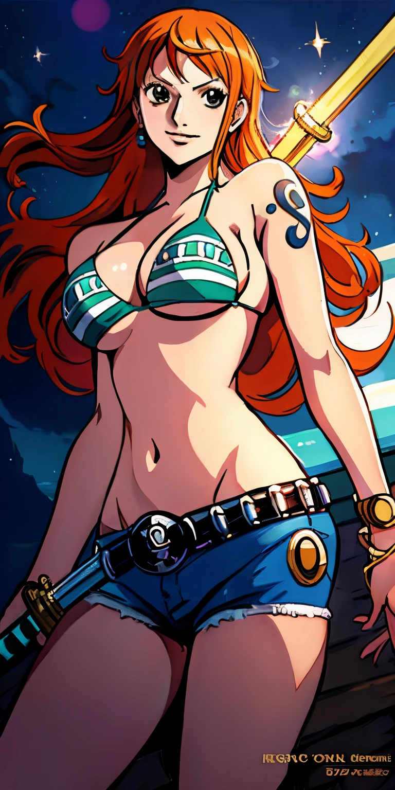 An arafe woman wearing a bikini top and shorts and holding a sword, nami one piece, beautiful portrait of nami, Nami of one piece, Nami, Detailed Digital Anime Art, cutesexyrobutts, Very detailed ArtGerm hahaha, deviantart artstation cgscosiety, realistic bikini, Swimsuit, fanart best artstation, ArtGerm. high detailing