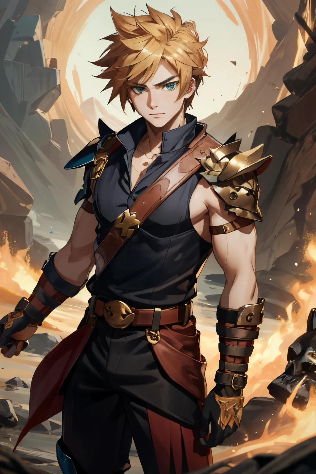 A wide angle full-length shot of Zepheus, Zepheus has a lean yet muscular warrior’s build, dirty blonde hair styled in a swept-back spiky manner partially covering one piercing blue-green eye, His fair olive skin tone contrasts with his hair, Defined facial features like jawline and cheekbones, His outfit features a combat dark blue-green tunic with gold embellishments and intricate patterns, Greek-style leather greaves and vambraces have steampunk-esque accents, Earth-toned fantasy boots are accented in bronze and copper, a metal wolf skull pauldron over one shoulder adds a touch of fantasy, Red colored trim details throughout the ensemble tie the look together and symbolize Zepheus’ connection to underworld deities and realms, his design reflects his unique heritage and conflicting loyalties, 4K, masterpiece, high details, 4K, cloud strife, shoulder armor, sleeveless turtleneck, suspenders, belt, baggy pants, gloves, bracer, boots, ZagreusHades, ootLink, hat, green tunic, belt, fingerless gloves, boots, weapon on back,