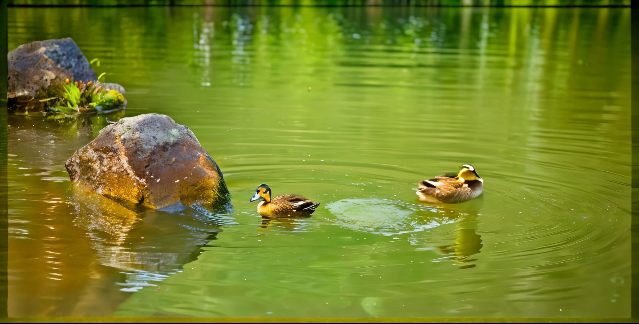 Two ducks are swimming in the water near some rocks, in pond, Resting, Tranquility, Shooting with Sony Alpha DSLR-A300, tranquil, duck, serene scene, fuji pro 400h, at peace, sitting at a pond, tranquil scene, F / 2. 8, F/2.8, serenidade, Peaceful scene