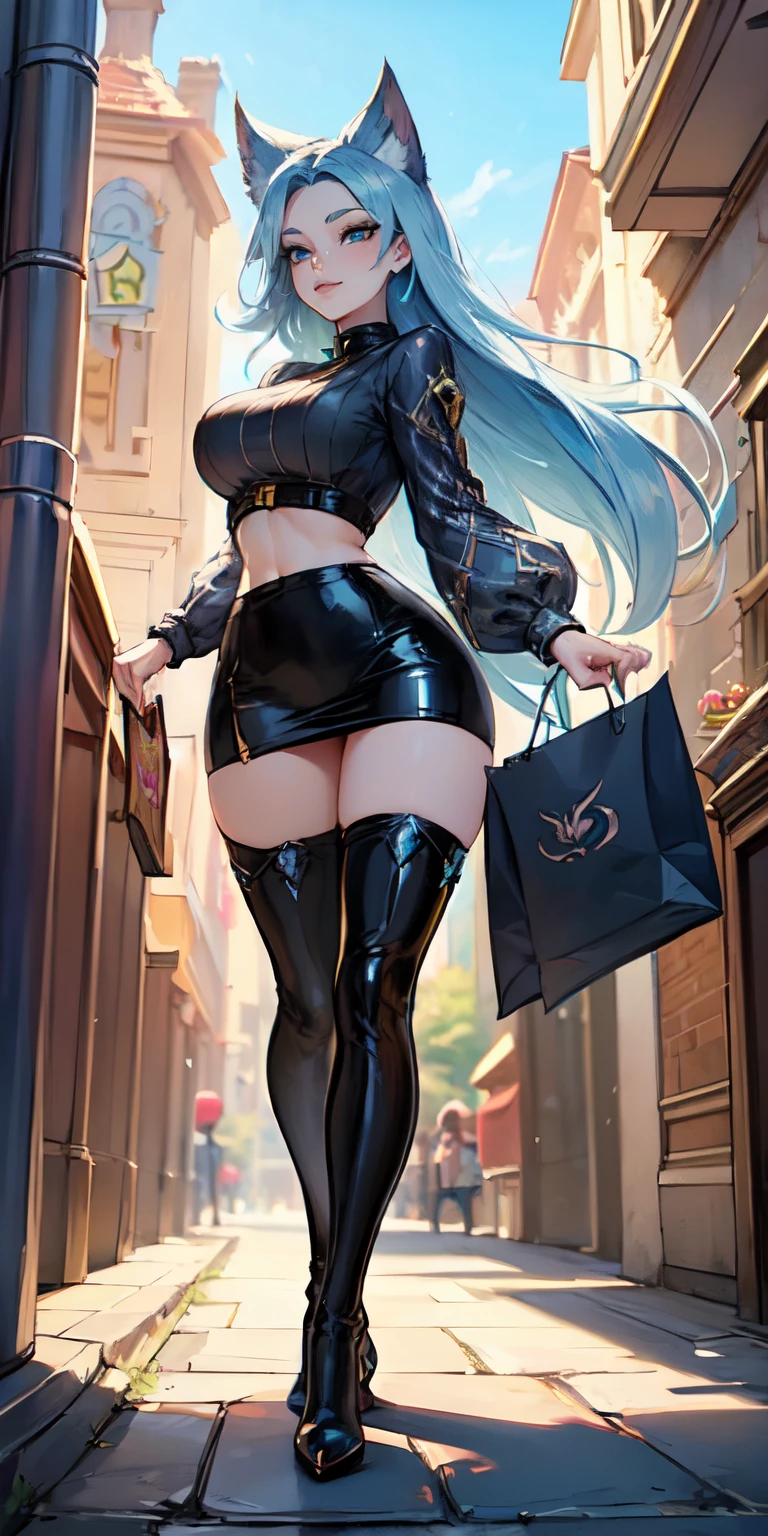 Masterpiece, 8k, art style by sciamano240, very detailed face, detailed clothes, detailed fabric, 1girl, ( Death sworn Katarina (league of legends 1.1)) beautiful face, asymmetrical long hair, light blue hair, out shopping, wearing satin top, Dior thigh boots, plaid pencil skirt with a slit, black stockings, very detailed blue cat eyes, cute smirk, Walking outside , sunny day, full body profile view , seductive eyes,