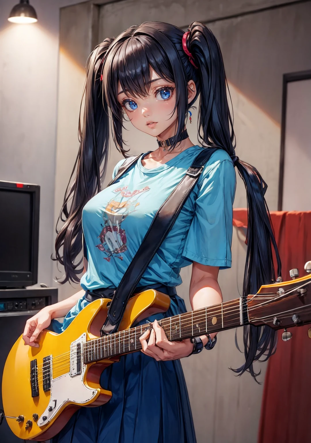 ((master part, best quality))1girl, sozinho, vestido preto, olhos azuis, Electric guitar, acoustic guitar, headphones on head, rabo de cavalo duplo, propriedade, plectrum de segurar, instrumento, cabelos longos, music, um lado para cima, cabelo marejado, twin tails, Jogando guiter, saia plissada, camisa preta, interior