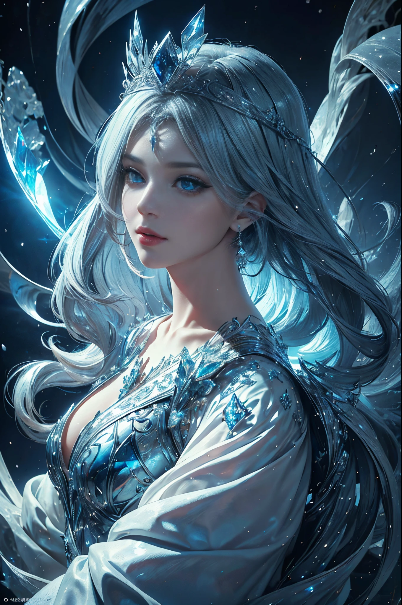 Silver and blue tones、((​masterpiece)))、(((top-quality)))、((ultra-detailliert))、(A hyper-realistic)、(highly detailed CGillustration）、light Particle、Halo、Official art、Fractal Art、Geometry learned、Abstract background、Moscow at the beginning of the 20th century、Diamond Dust、Full body luminescence、Queen of snow、Cool Beauty、 Woman in her 30s、Slender eyes、sharp gaze、sapphire eyes、Super beautiful and sparkling eyes、sophisticated menegance、Gorgeous beauty、Fans、gorgeous dress、diamond encrusted solo、Perfect Angle、perfect-composition