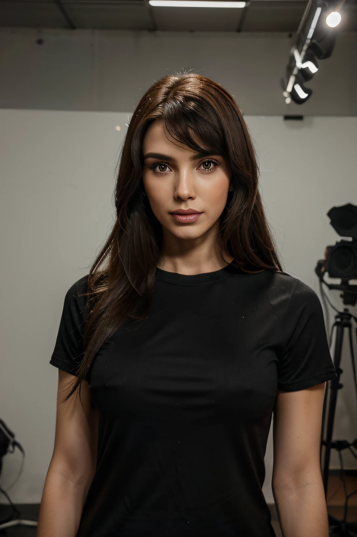 1 rapaz de pele branca, cabelos pretos curtos penteados do lado esquerdo para o direito, sobrancelhas pretas grossas, indoors in a studio for YouTube videos, energetic, in a black shirt with a serene expression on his face , studio lights