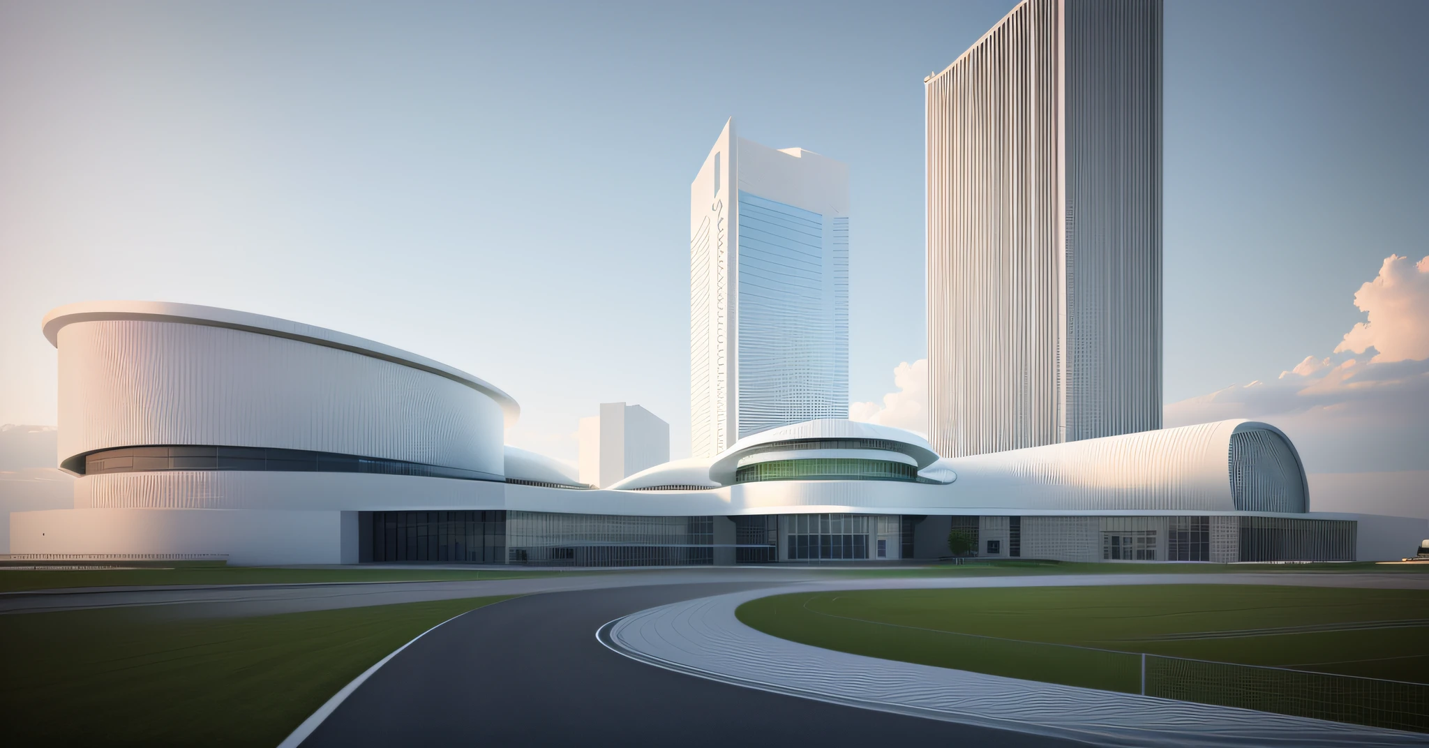 a rendering of a large white building with a green roof, detail render, artists impression, concept drawing, architecture render, architectural render, conceptual rendering, artist's impression, vue 3d render, artist impression, ground-level view, ground - level view, architectural concept, 3/4 view, 3 / 4 view, vue render, perspective view, digital render