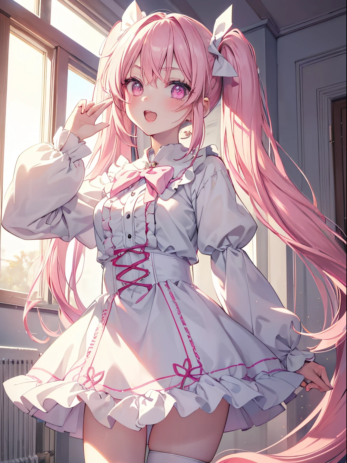 masutepiece, Highest Quality, (Perfect face:1.1), (high detailing:1.1), (ultradetailed eyes), Dramatic,  superfine illustration, Extremely detailed,1girl in, (pale skin), Happy, Laugh, Enjoy, Cheerful,Open mouth,gloweyes,pinkhair, (long twintail),Ethereal eyes, pink eye,(light eyebrow),blush, Solo,Pouty lips,Cinematic lighting,Cowboy Shot, Looking Up,Lolita clothes, Pink and white,frilld, bow ribbon, Long sleeve,knee high socks, white backgrounid, Room,morning atmosphere