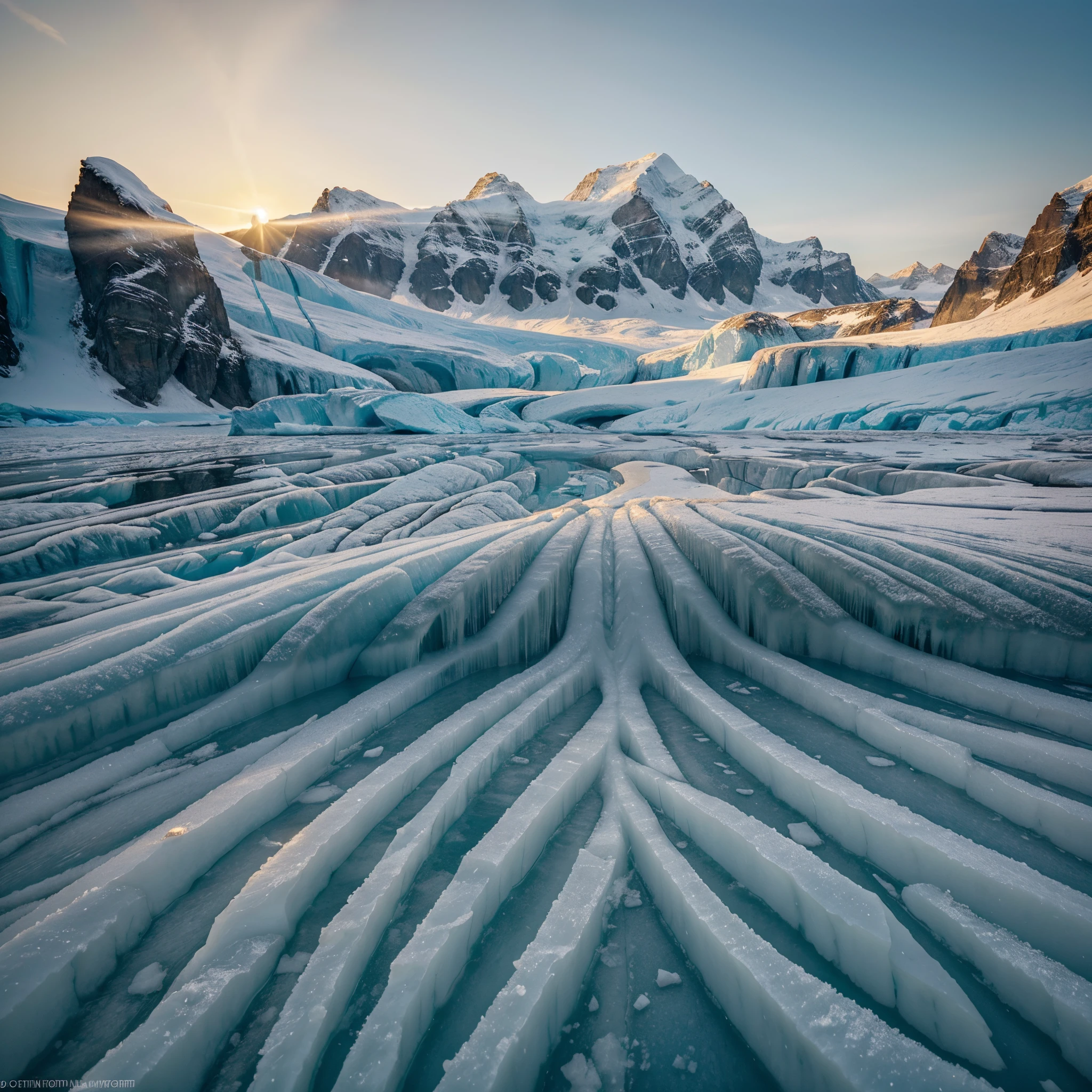 The first glow of dawn casts a gentle light upon a majestic glacier, illuminating the icy terrain with a soft golden hue. Smooth, undulating ice formations radiate a serene beauty, twinkling with the reflection of the rising sun. The frozen landscape stretches infinitely, evoking a sense of awe and wonder. This breathtaking photograph captures the ethereal serenity of a sunrise over a glacier, showcasing the delicate balance between warmth and frigidity, nature's unparalleled artistry frozen in time.