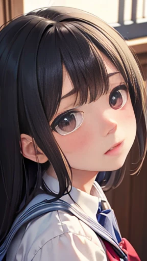 masterpiece, best quality, detailed, beautiful, schoolgirl, shy, crying, flushed face, sitting, looking at viewer, detailed skin, detailed face, tall, cute face, photorealistic, from front, ground-level shot, sharpen,(detail face:1.3)