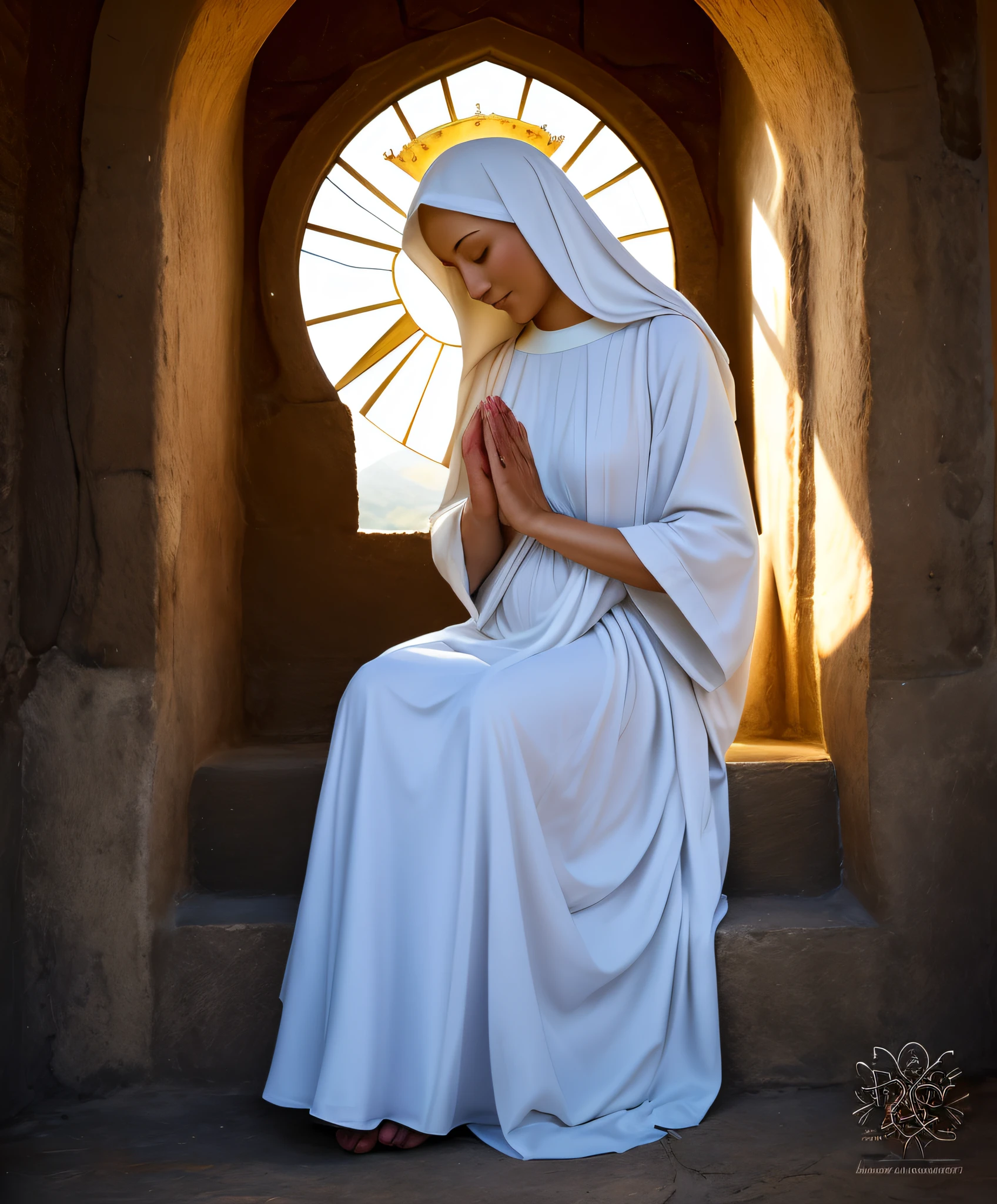 "Picture Virgin Mary, a symbol of grace and compassion, hovers gracefully in the air above a humble home, a divine and transcendent scene in the heart of the countryside of El Salvador,. Her hands are extended in a gesture of blessing, radiating warmth and divine light, wearing a blue vail with heavenly light descending from heaven over her. Virgin Mary resplendent in her serene beauty, draped in flowing white robe that shimmer with celestial radiance. her gaze fixed lovingly on the home, and her blessings reach out to touch the lives of those within. . Anatomically correct on her female hands, fingers, feet, toes, and facial features. Let her have a divine glow around her.