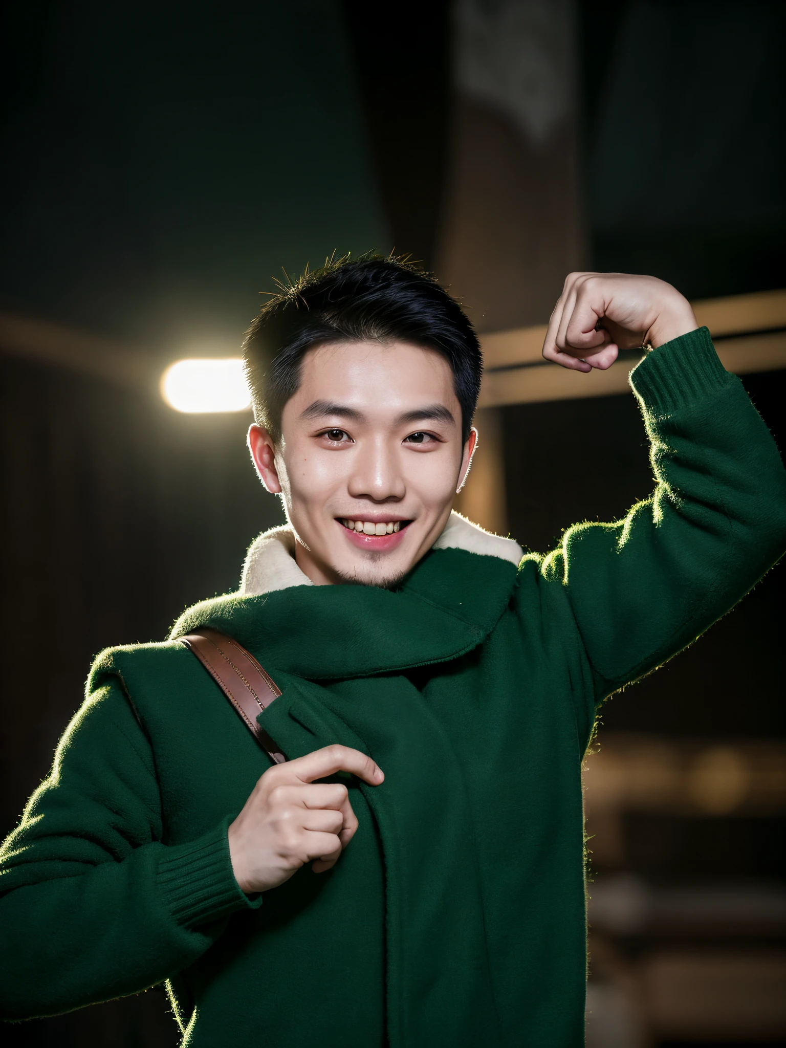 strong 27 year-old Vietnamese man with big shoulder the face like Ung Hoang Phuc, wear a green winter vest, smile emotion, studio picture, short black hair