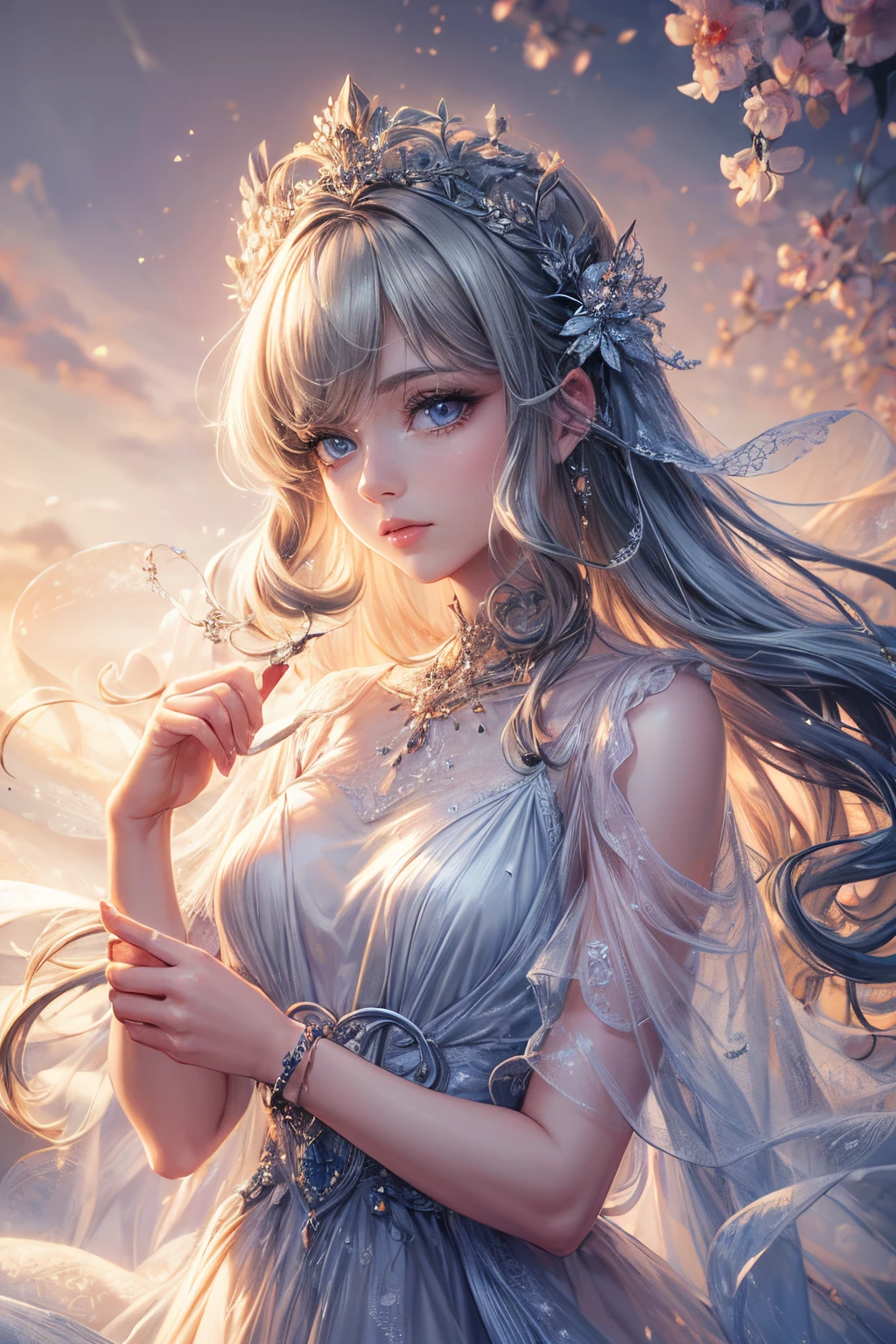 (high quality:1.4),(masterpiece:1.4),ultra-detailed,8K,CG,beautiful,upper body,lonesome,thumb girl,little princess,Chiffon court gown,garden background,detailed facial features,long curly hair,almond-shaped eyes,exquisite eye makeup,long and thick eyelashes,bright starry eyes,complex lip details,soft and harmonious style,interplay of light and shadow lighting effects