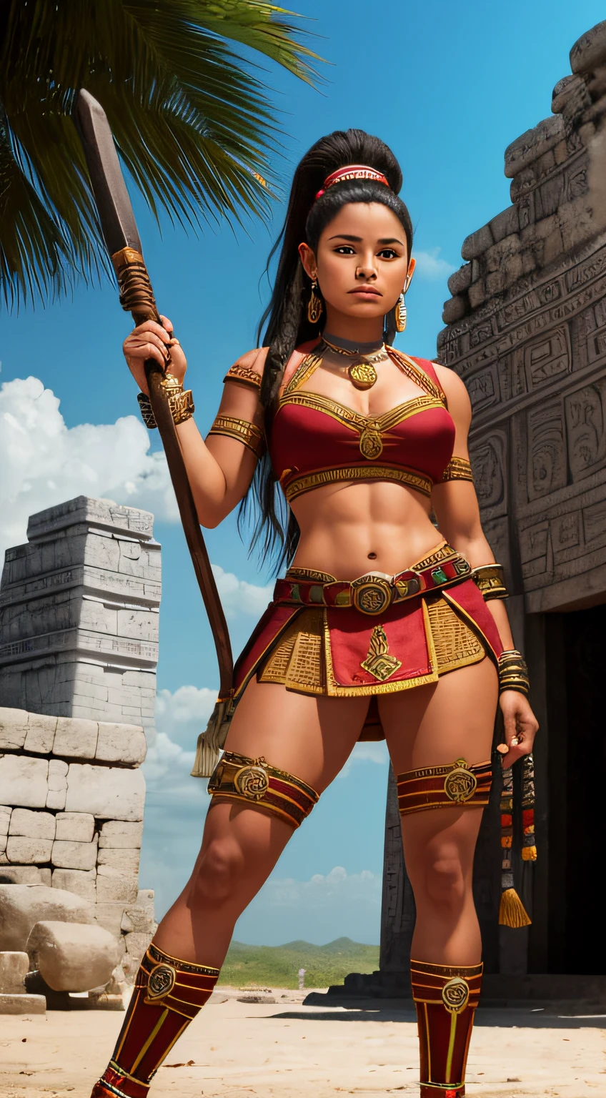 female mayan warrior with a ready to fight pose holding weapons accurately, mayan temple and city environment, her body and shape similar to Vladislava Galagan, hands with fingers and feet with toes anatomically correct