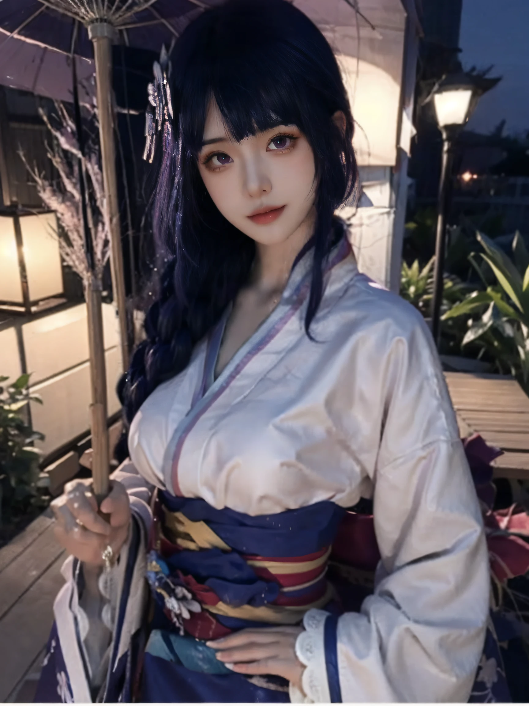 最高品質, masterpiece, high-detail, Reflects light realistically, 1 girl, Upper body, Shogun Raiden, (ulzzang-6500-v1.1:0.5), Big breasts, perfect face, Clear eyes, long-haired, purple hair, Hair Decoration, sky of lightning, night sky, ancient buildings in the background, shallow depth of field, looking at the audience,