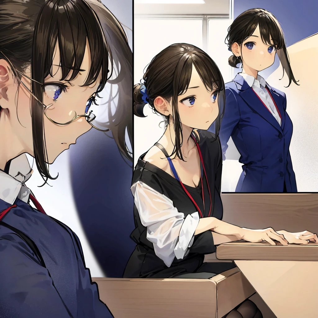 Officelady、Black jacket、Black tight skirt、White blouse、Black tights、High pumps with black heellack hair、s Office、lana、Beautiful woman、gazing at viewer、Looking here、hight resolution、top-quality、full body Esbian、animations、illustratio、Ultra-detailed delicacy