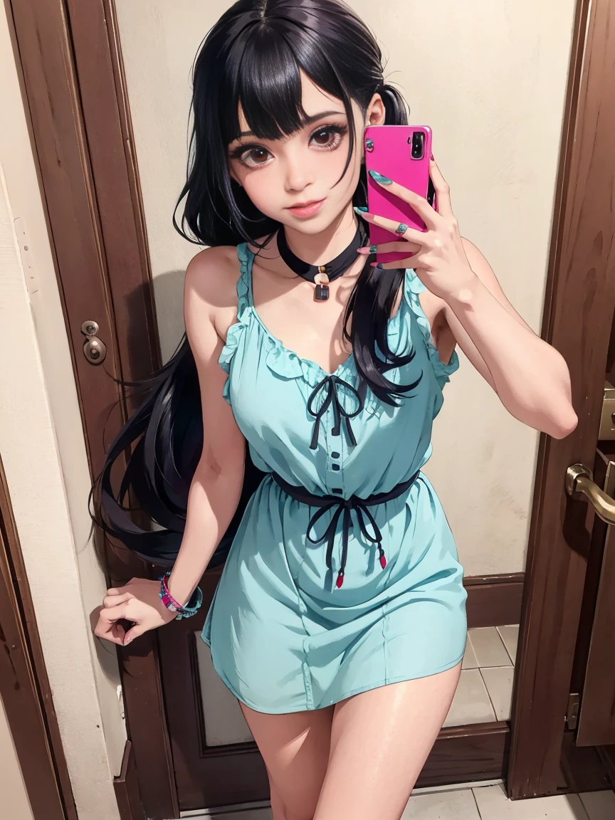 Chica con ropa de verano , Tiro superior,((Selfie)), cabello largo, fondo aleatorio, besar, Beautiful, senos grandes , pechos grandes , mirada coqueta, ((muy detallado)), (Cara perfectamente detallada), (Mano bien detallada), Imagen fotorrealista. , hermosa chica , 21yr old , lindo maquillaje , labios rojos , sombra de ojos , ojos color rosa, pony tail , linda sonrisa , vestido sexy de verano , vestido ligero, cabello largo color turquesa con mechas moradas