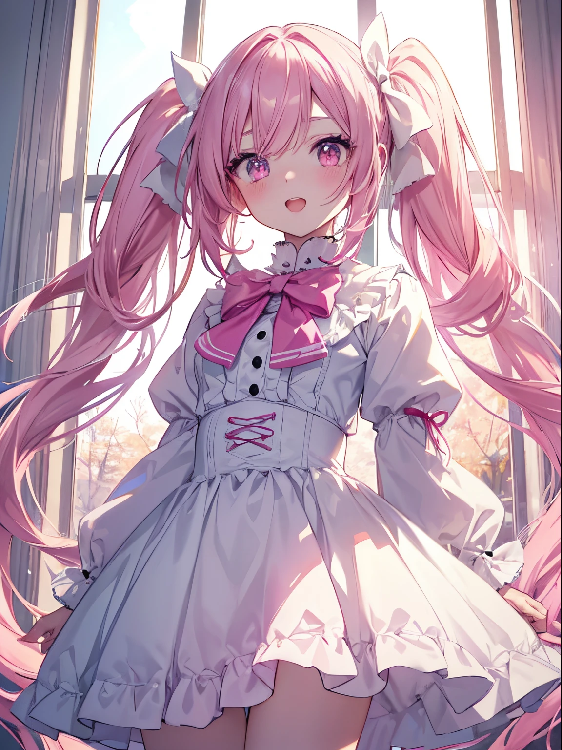masutepiece, Highest Quality, (Perfect face:1.1), (high detailing:1.1), (ultradetailed eyes), Dramatic, superfine illustration, Extremely detailed,1girl in, (pale skin), Happy, Laugh, Enjoy, Cheerful,Open mouth,gloweyes,pinkhair, (long twintail),Ethereal eyes, pink eye,(light eyebrow),blush, Solo,Pouty lips,Cinematic lighting,Cowboy Shot, Looking Up, Winter,Snow, ta clothes, Pink and white,frilld, bow ribbon, Long sleeve,knee high socks, white backgrounid, Room,morning atmosphere