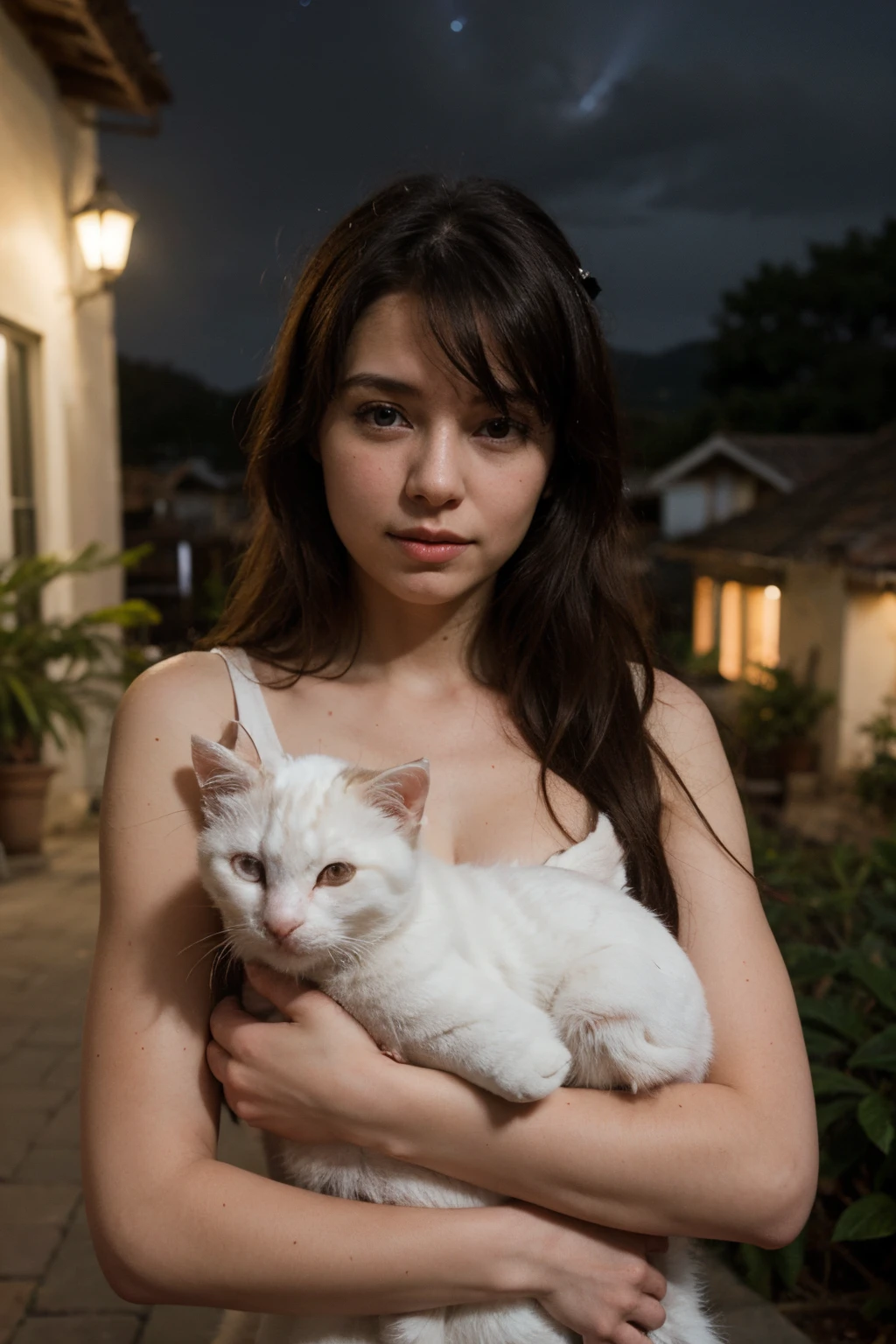 A girl and a fluffy white kitten, flores, Durmiente, Cabello largo y negro, Noche, cielo estrellado